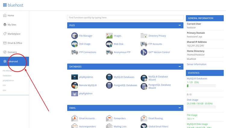 BlueHost control panel