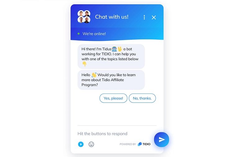Tidio live chat with common answers amd leyword shortcuts