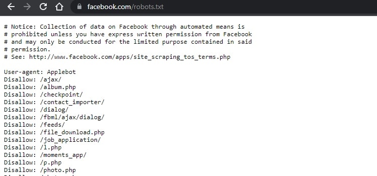 Facebook’s Robots.txt file.