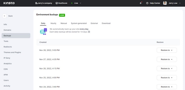 Kinsta Site backup and restore