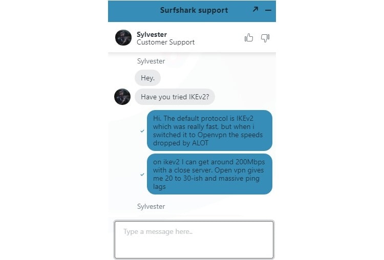 Recent chat records with Surfshark support