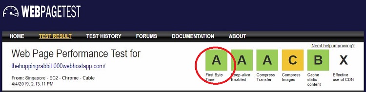 000WebHost web page performance test result