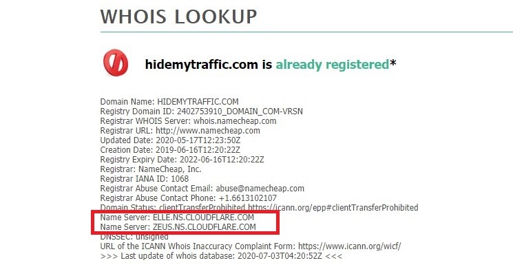 Looking up the domain name for a site using Cloudflare won’t reveal its real origin nameservers.