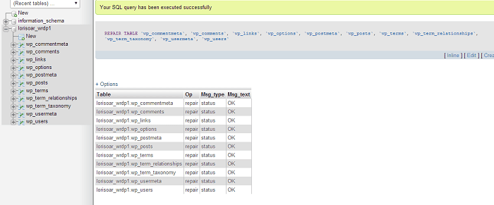 Database Repair - phpMyAdmin